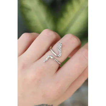 Pirinç Gümüş Renk Ayarlanabilir Zirkon Taşlı Yılan Yüzük