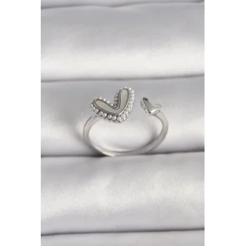 Pirinç Gümüş Renk Beyaz Mineli İnci Detaylı Kalp Model Ayarlanabilir Yüzük