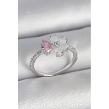 Pirinç Gümüş Renk Beyaz Mineli Pembe Zirkon Taşlı Çiçek Model Kadın Yüzük