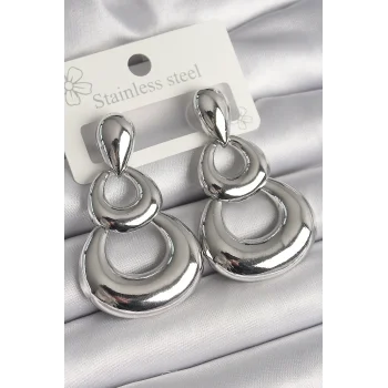 Pirinç Gümüş Renk Damla Detay Sallantı Halka Model Kadın Küpe