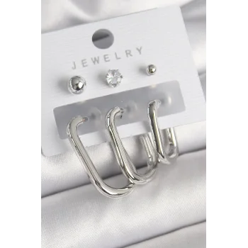 Pirinç Gümüş Renk Halka Model Zirkon Taşlı Topçuk Detay Kadın Küpe Seti