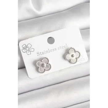 Pirinç Gümüş Renk İşlemeli Yonca Model Kadın Küpe