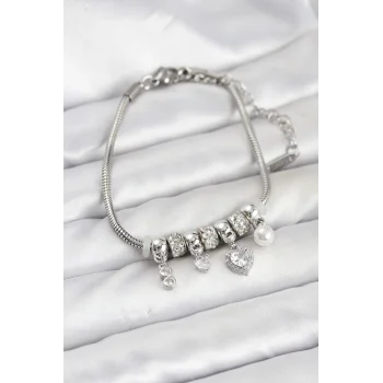 Pirinç Gümüş Renk Kalp Charmlı Kadın Bileklik