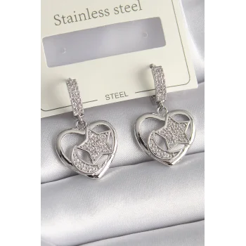 Pirinç Gümüş Renk Kalp Model Zirkon Taşlı Ay Yıldız İşlemeli Kadın Küpe