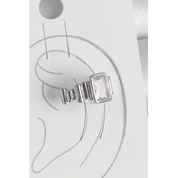 Pirinç Gümüş Renk Kare Zirkon Taşlı Kadın Kıkırdak Model Küpe