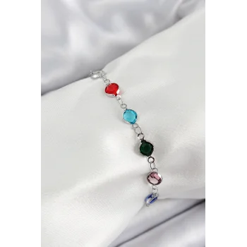 Pirinç Gümüş Renk Karışık Renk Zirkon Taşlı Kadın Bileklik
