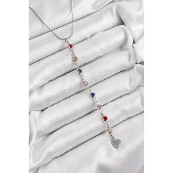 Pirinç Gümüş Renk Karışık Renk Zirkon Taşlı Kalpli Y Kadın Kolye