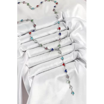 Pirinç Gümüş Renk Karışık Renk Zirkon Taşlı Kalpli Y Kadın Kolye