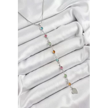 Pirinç Gümüş Renk Karışık Renk Zirkon Taşlı Y Kadın Kolye