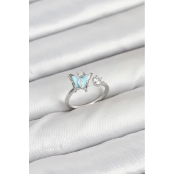 Pirinç Gümüş Renk Kelebek Model Kadın Yüzük