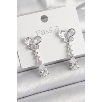 Pirinç Gümüş Renk Kelebek Model Sallantı Damla Zirkon Taşlı Kadın Küpe