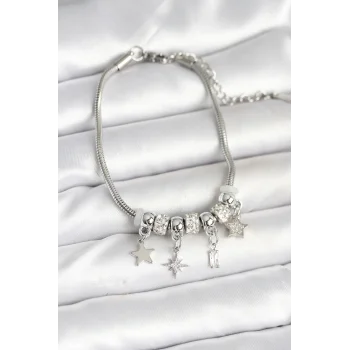 Pirinç Gümüş Renk Kutup Yıldızı Charmlı Kadın Bileklik