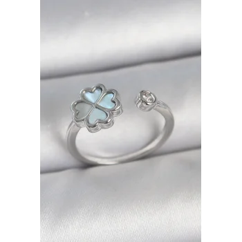 Pirinç Gümüş Renk Mavi Mineli Yonca Model Zirkon Taş Detay Ayarlanabilir Kadın Yüzük