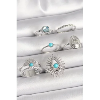 Pirinç Gümüş Renk Mavi Taşlı Kare Zirkon Taş Detaylı Kadın Yüzük Kombini