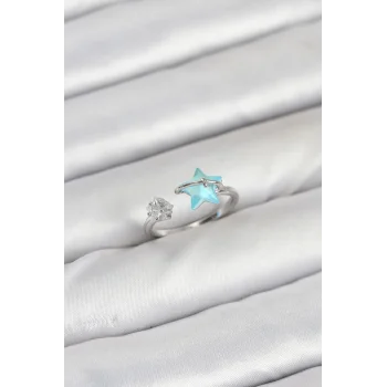 Pirinç Gümüş Renk Mavi Yıldızlı Model Kadın Yüzük