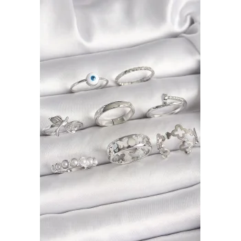 Pirinç Gümüş Renk Nazar Boncuk Detay İncili Kelebek İşlemeli Kadın Yüzük Kombini