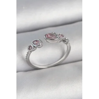 Pirinç Gümüş Renk Pembe Damla Zirkon Taşlı Ayarlanabilir Model Kadın Yüzük