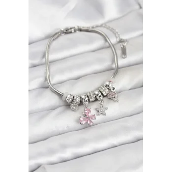 Pirinç Gümüş Renk Pembe Kelebek Charmlı Kadın Bileklik