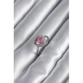 Pirinç Gümüş Renk Pembe Zirkon Taş Kalp Charm Model Kadın Yüzük
