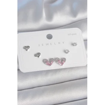 Pirinç Gümüş Renk Pembe Zirkon Taşlı Kalp Model 925 Ayar Gümüş Çivi Kadın Küpe Seti