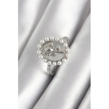 Pirinç Gümüş Renk Portre Gül Model İnci Detay Kadın Yüzük