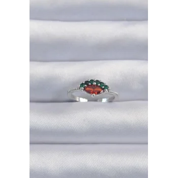 Pirinç Gümüş Renk Renkli Zirkon Taşlı Ayarlanabilir Karpuz Model Yüzük