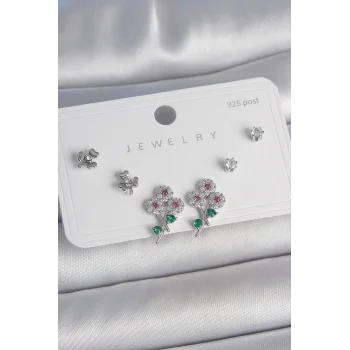 Pirinç Gümüş Renk Renkli Zirkon Taşlı Çiçek Model Yaprak Detay 925 Ayar Gümüş Çivi Kadın Küpe Seti