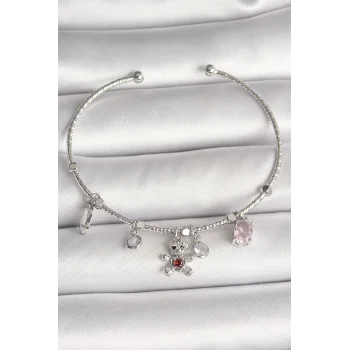 Pirinç Gümüş Renk Sallantı Zirkon Taşlı Ayıcık Figür Kırmızı Taş Detay Charm Kadın Bileklik