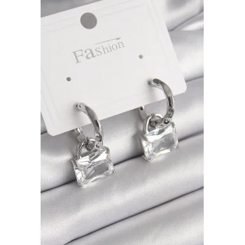 Pirinç Gümüş Renk Sallantı Zirkon Taşlı Çanta Model Kadın Küpe