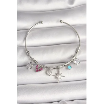 Pirinç Gümüş Renk Sallantı Zirkon Taşlı Kutup Yıldız Figür Kalp Detay Charm Kadın Bileklik