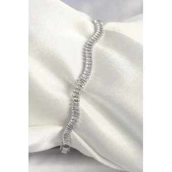 Pirinç Gümüş Renk Su Yolu Zirkon Taşlı Model Kadın Bileklik