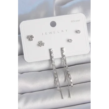 Pirinç Gümüş Renk Su Yolu Zirkon Taşlı Sallantı Model Çiçek Detay 925 Ayar Gümüş Çivi Kadın Küpe Seti