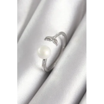 Pirinç Gümüş Renk Top İnci Figür Balık Kuyruğu Model Kadın Yüzük