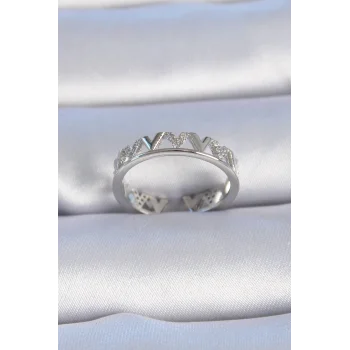 Pirinç Gümüş Renk V Model Zirkon Taşlı Kadın Yüzük