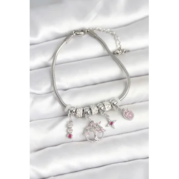 Pirinç Gümüş Renk Yaşam Ağacı Charmlı Kadın Bileklik