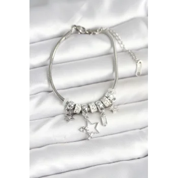 Pirinç Gümüş Renk Yıldız Charmlı Kadın Bileklik