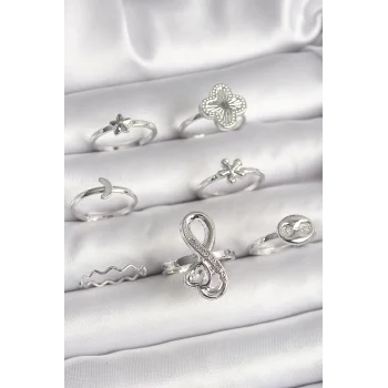 Pirinç Gümüş Renk Yonca Figür Sonsuzluk Zirkon Taşlı Kalp Detay Kadın Yüzük Kombini