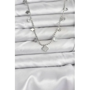 Pirinç Gümüş Renk Yonca Model Kadın Kolye