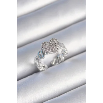 Pirinç Gümüş Renk Zincir Kordon Zirkon Taşlı Kalp Model Kadın Yüzük