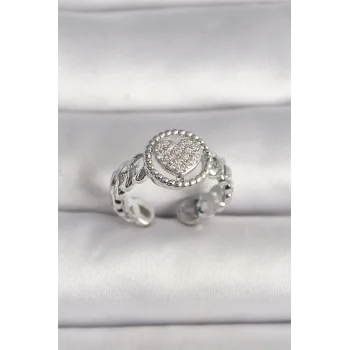 Pirinç Gümüş Renk Zincir Model Zirkon Taşlı Kalp Model Kadın Yüzük