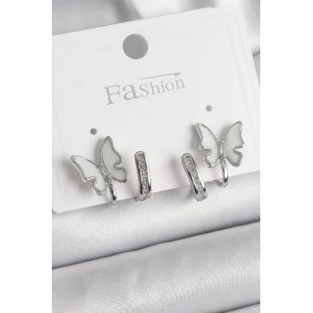 Pirinç Gümüş Renk Zirkon Taş Detaylı Beyaz Sedefli Kelebek Model Kadın Küpe