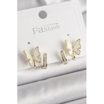 Pirinç Gümüş Renk Zirkon Taş Detaylı Beyaz Sedefli Kelebek Model Kadın Küpe