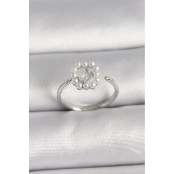 Pirinç Gümüş Renk Zirkon Taş Detaylı İncili Ayarlanabilir Yüzük