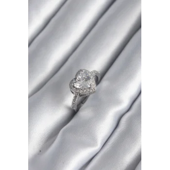 Pirinç Gümüş Renk Zirkon Taş Kalp Charm Model Kadın Yüzük