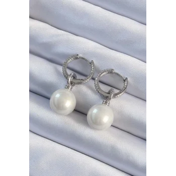 Pirinç Gümüş Renk Zirkon Taş Kaplama İnci Tasarımlı Kadın Küpe