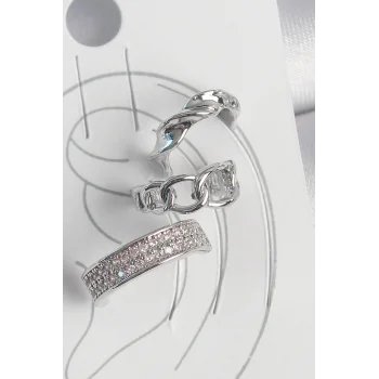 Pirinç Gümüş Renk Zirkon Taşlı 3Lü Zincir Sarmal Model Kadın Kıkırdak Küpe