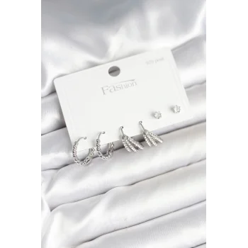 Pirinç Gümüş Renk Zirkon Taşlı 925 Gümüş Çivili Kadın Küpe Seti