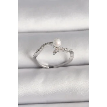 Pirinç Gümüş Renk Zirkon Taşlı Ayarlanabilir Yüzük