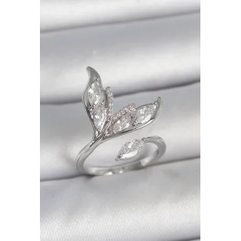 Pirinç Gümüş Renk Zirkon Taşlı Balık Kuyruğu Model Ayarlanabilir Kadın Yüzük