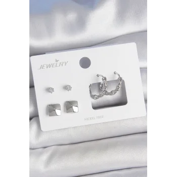 Pirinç Gümüş Renk Zirkon Taşlı Burgu Halka Model Kare Detay 3 Çift Kadın Küpe Seti